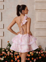 Xexis Plunge Neck Floral Tiered Mini Dress In Pink