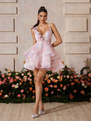 Xexis Plunge Neck Floral Tiered Mini Dress In Pink