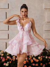 Xexis Plunge Neck Floral Tiered Mini Dress In Pink