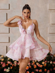 Xexis Plunge Neck Floral Tiered Mini Dress In Pink