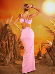Xinia Spaghetti Ruched Skirt Set In Pink