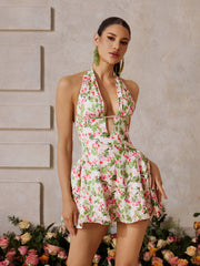Xyrion Plunge Neck Floral Mini Dress