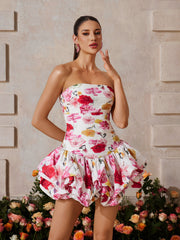 Rexmir Strapless Floral Bubble Mini Dress In Rose