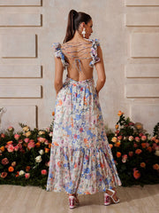 Yryssa Backless Floral Ruffle Maxi Dress