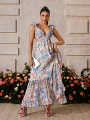 Yryssa Backless Floral Ruffle Maxi Dress