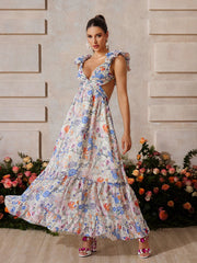 Yryssa Backless Floral Ruffle Maxi Dress