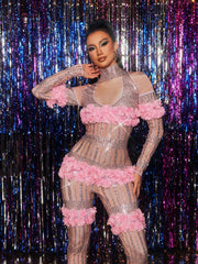 Yxalith High Neck Rhinestone Flower Jumpsuit