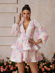 Zalghast Balloon Sleeve Floral Printed Mini Dress