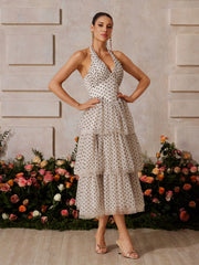 Zalvarya Halterneck Dot Tiered Midi Dress