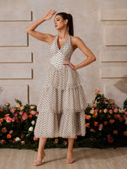 Zalvarya Halterneck Dot Tiered Midi Dress
