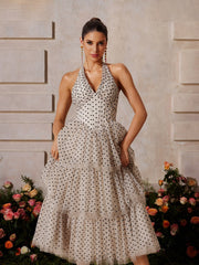 Zalvarya Halterneck Dot Tiered Midi Dress