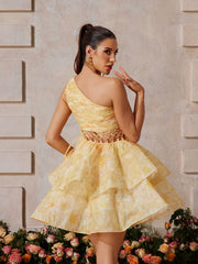 Zexmir One Shoulder Floral Tiered Mini Dress In Yellow
