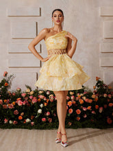 Zexmir One Shoulder Floral Tiered Mini Dress In Yellow