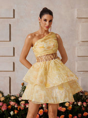 Zexmir One Shoulder Floral Tiered Mini Dress In Yellow