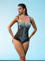Ziga Spaghetti Rhinestone Mesh Bodysuit