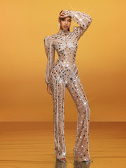 Zylar Long Sleeve Embellished Jumpsuit In Nude