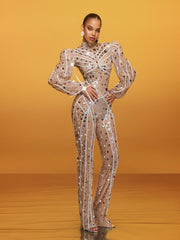 Zylar Long Sleeve Embellished Jumpsuit In Nude