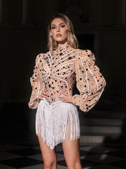 Zylar Rhinestone Acrylic Fringe Bodysuit