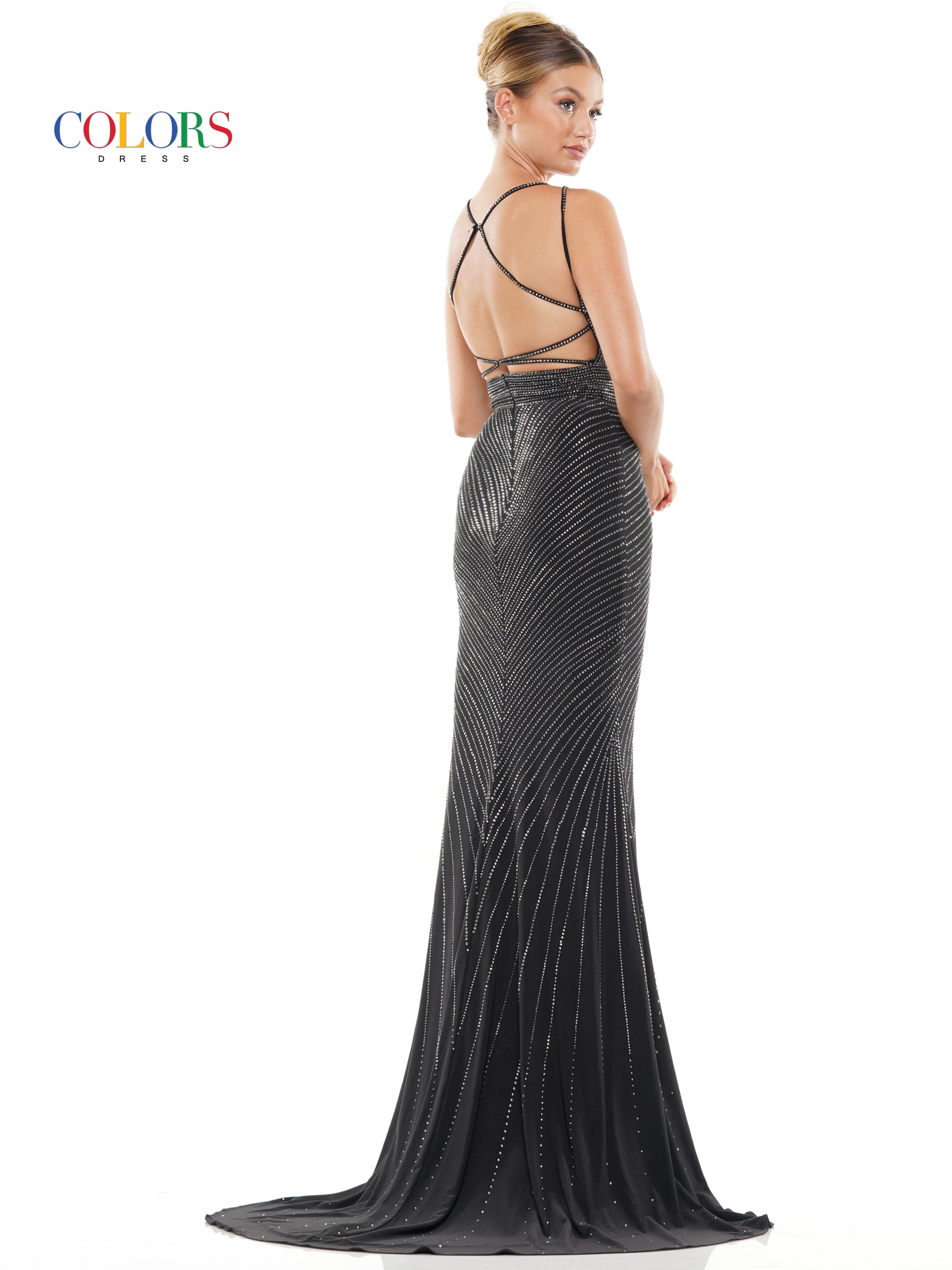 Colors 3092 Long Spaghetti Strap  Formal Beaded Prom Dress