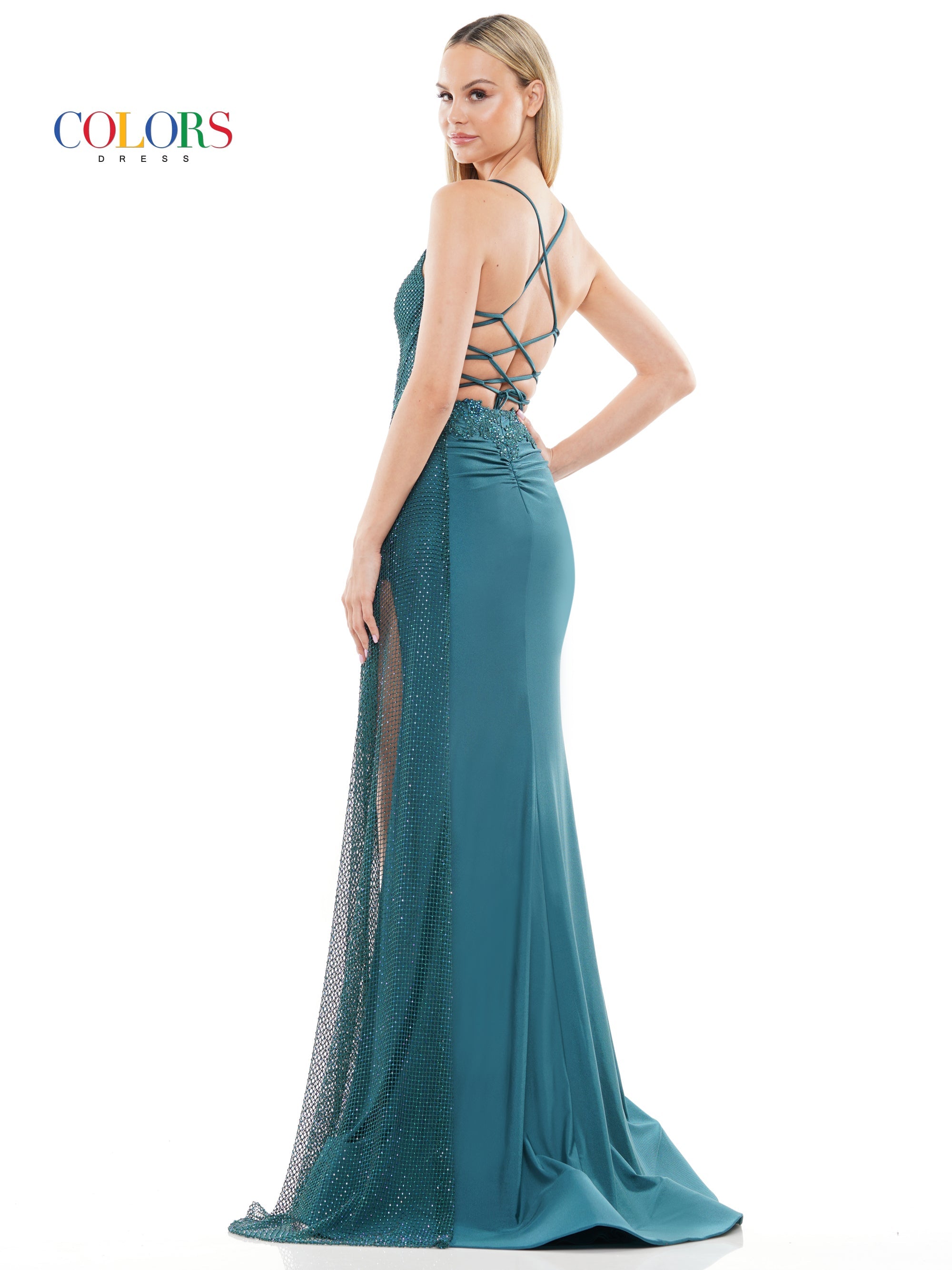 Colors 3093 Long Spaghetti Strap Fitted Prom Dress