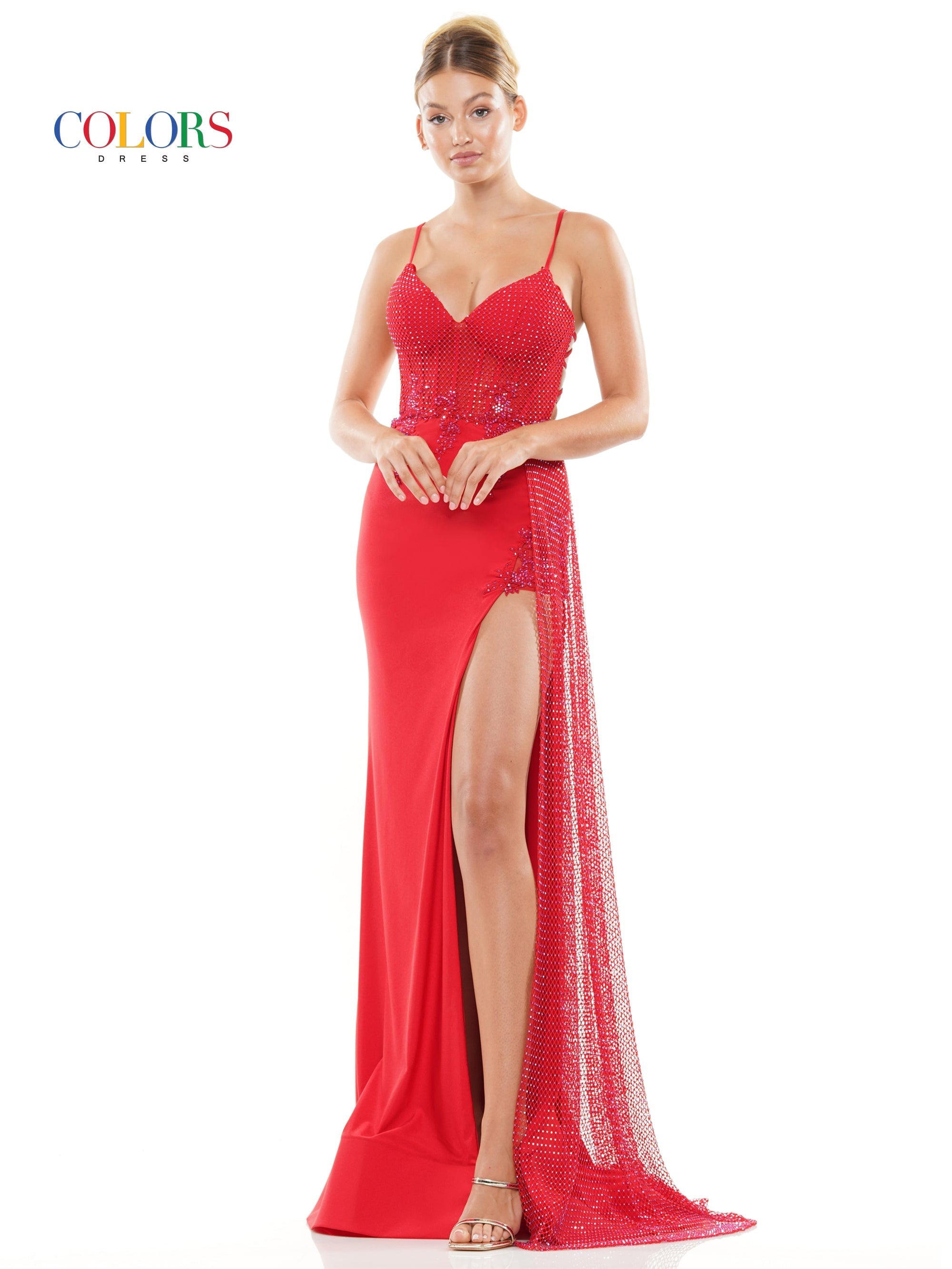 Colors 3093 Long Spaghetti Strap Fitted Prom Dress