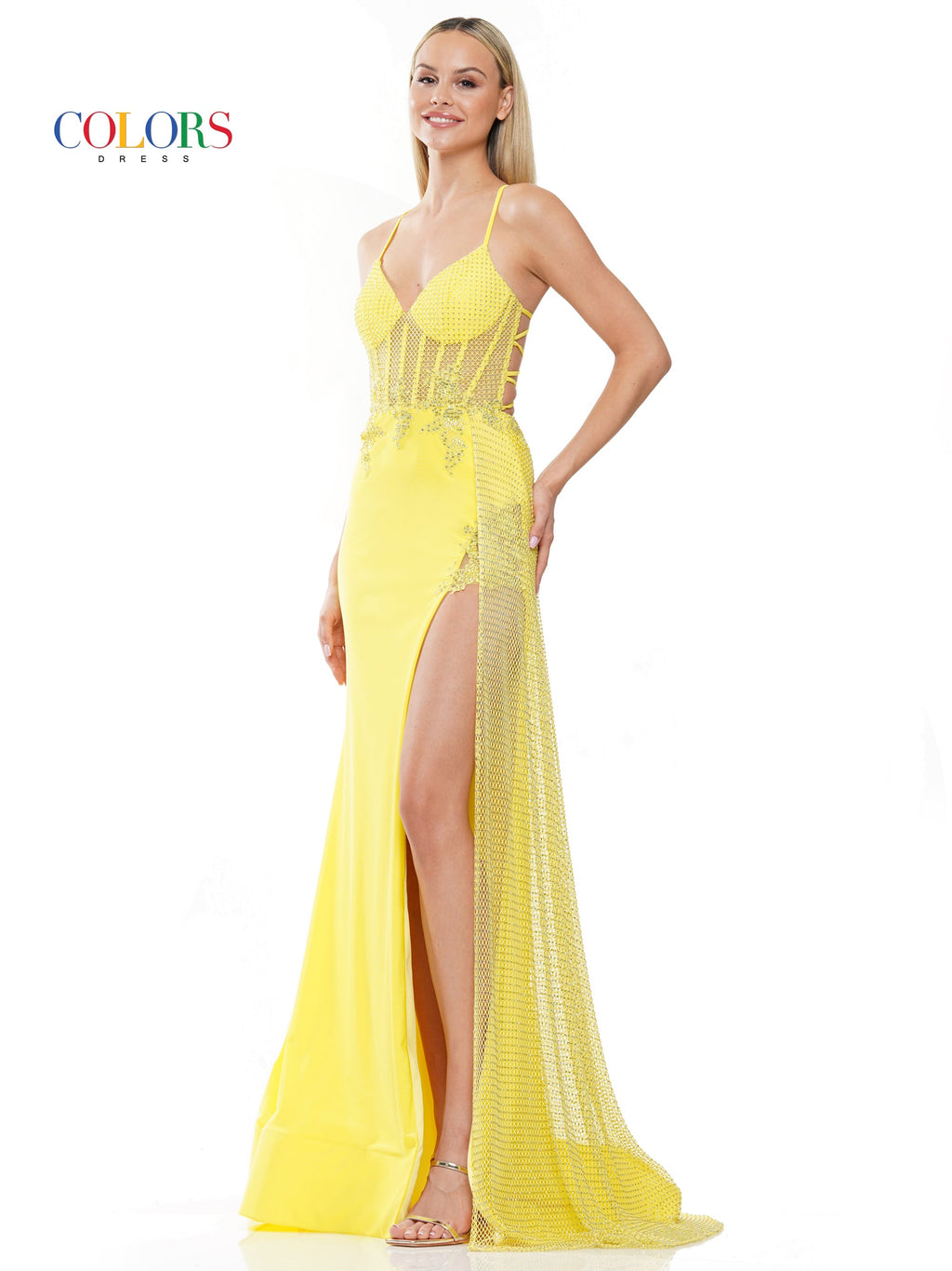 Colors 3093 Long Spaghetti Strap Fitted Prom Dress