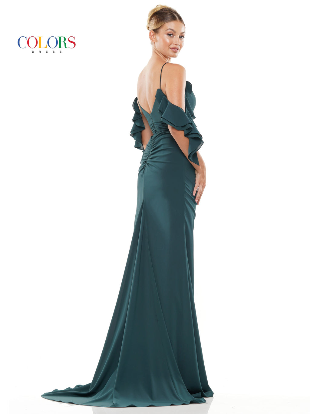 Colors 3100 Long Off Shoulder Fitted Chiffon Prom Dress