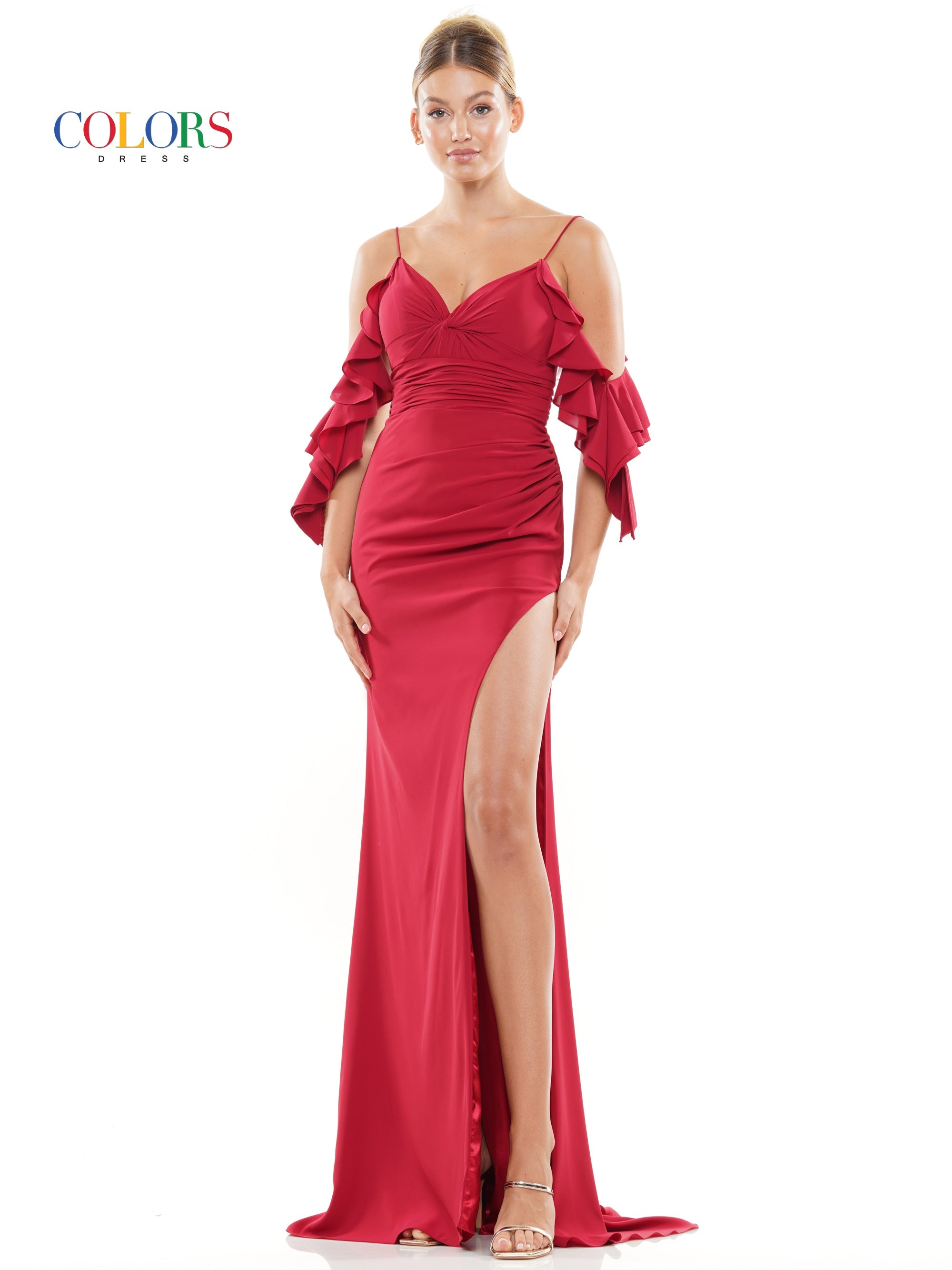 Colors 3100 Long Off Shoulder Fitted Chiffon Prom Dress