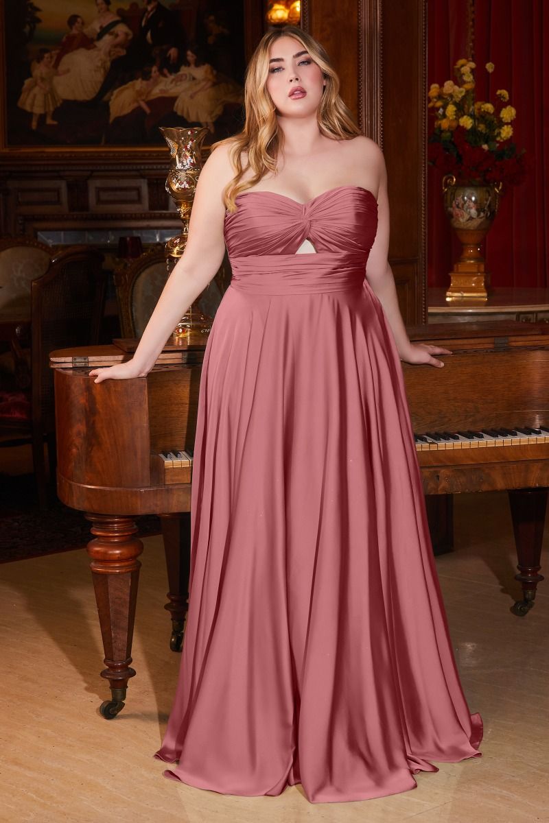 Cinderella Divine 7496C Plus Size Long Formal Strapless Satin A Line Prom Dress