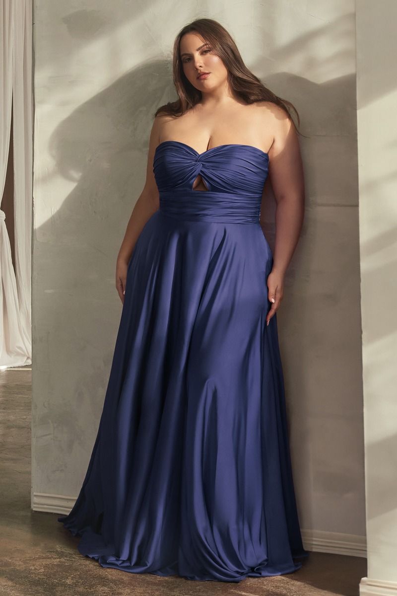 Cinderella Divine 7496C Plus Size Long Formal Strapless Satin A Line Prom Dress