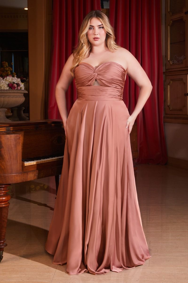 Cinderella Divine 7496C Plus Size Long Formal Strapless Satin A Line Prom Dress