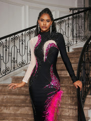 Aakifah Rhinestone Feather Bandage Midi Dress