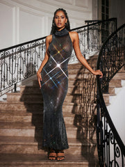 Abetzi Sleeveless Rhinestone Mesh Maxi Dress