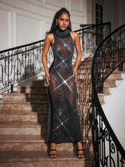 Abetzi Sleeveless Rhinestone Mesh Maxi Dress