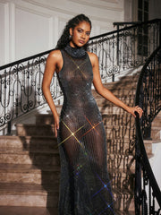 Abetzi Sleeveless Rhinestone Mesh Maxi Dress