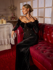Abihail Off Shoulder Rhinestone Velvet Maxi Dress
