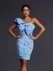 Adhra One Shoulder Bow Flower Mini Dress