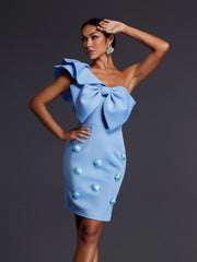 Adhra One Shoulder Bow Flower Mini Dress