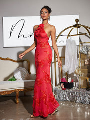 Aedin Halterneck Flower Maxi Dress In Red