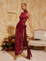 Aelithra High Neck Split Flower Maxi Dress In Wine