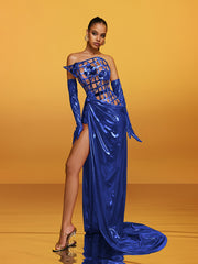 Aethon Strapless Metallic Flower Maxi Dress In Blue