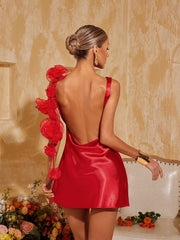 Aevorix Backless Flower Satin Mini Dress In Red
