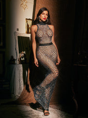 Aevren High Neck Rhinestone Cutout Maxi Dress