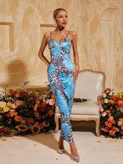 Aevryn Spaghetti Leopard Midi Dress In Blue