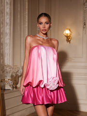 Ahmoua Strapless Flower Satin Mini Dress