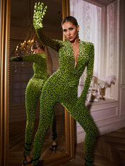 Vaelun Plunge Neck Leopard Jumpsuit In Green