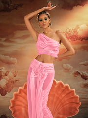 Akiye One Shoulder Ruched Skirt Set In Pink