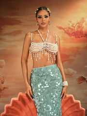 Akram Fringe Pearl Beaded Bralette