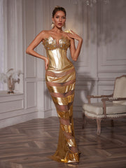 Aksel Strapless Corset Chain Wrapped Maxi Dress