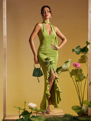 Alara Halterneck Flower Ruffle Maxi Dress In Green